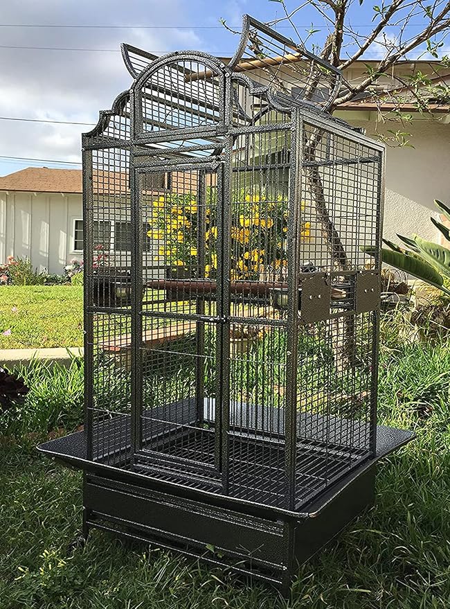 X-Large Elegant and Durable Wrought Iron Open/Close Play Top Bird Parrot Cage with Metal Seed Guard, Solid Metal Feeder, Nest Doors, Heavy Duty Lockable Rolling Castors