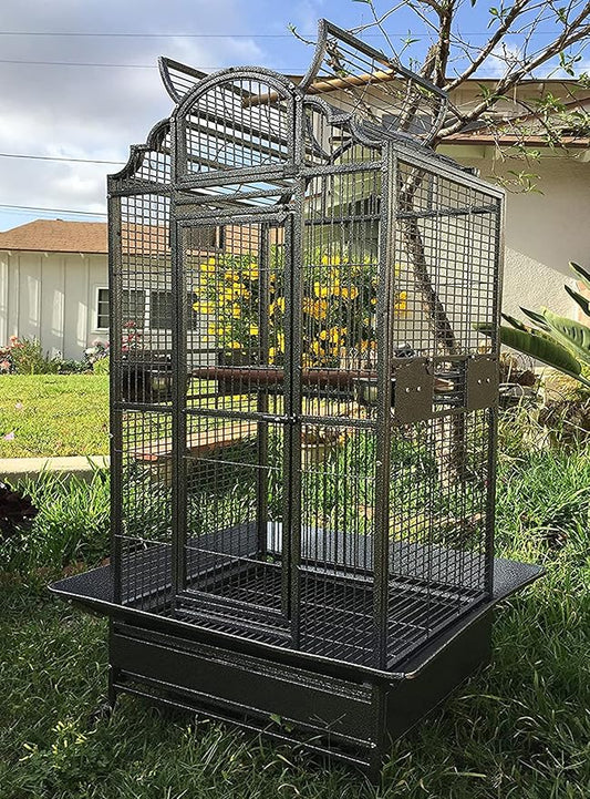 X-Large Elegant and Durable Wrought Iron Open/Close Play Top Bird Parrot Cage with Metal Seed Guard, Solid Metal Feeder, Nest Doors, Heavy Duty Lockable Rolling Castors