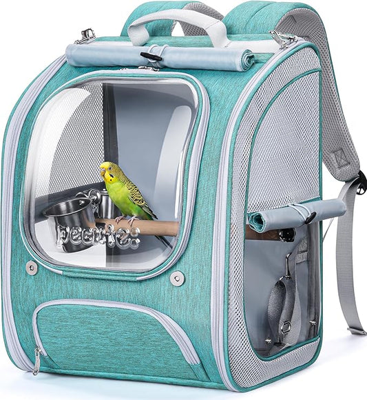 Pecute Bird Backpack Carrier for Small Birds,Cockatiel,Parrot,Bird Carrier with Standing Perch,Comfy Mat&Transparent Window, Breathable Bird Backpack for Vet Visit,Shopping and Outdoor Adventure,Blue