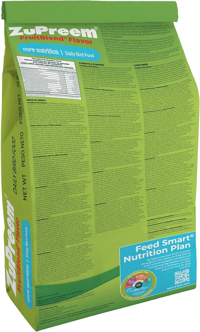 ZuPreem FruitBlend Flavor Pellets Bird Food for Parrots and Conures, 35 lb - Daily Blend Made in USA for Caiques, African Greys, Senegals, Amazons, Eclectus, Small Cockatoos