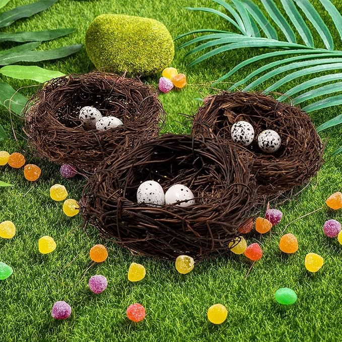Whaline 3 Set Easter Bird Nest Decoration Kit with 6 Artificial Egg Foam Eggs Ornaments Rattan Woven Birds Nest for Crafts Home Spring Party Decor