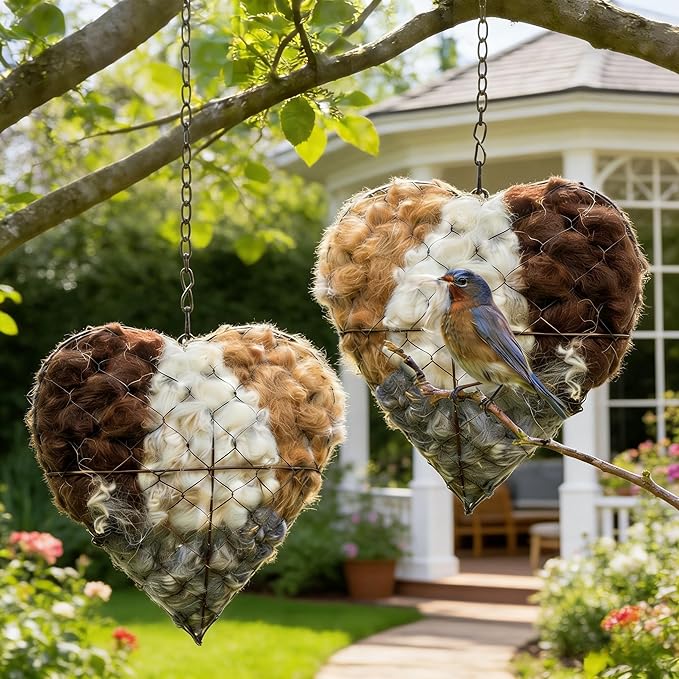 Handmade Alpaca Fiber Bird Nesting Heart – Refillable Bird Haven with 2 Nesting Material Refill Bags – Eco-Friendly Hanging Nest for Hummingbirds & Wild Birds, Garden & Yard Décor (3Set)