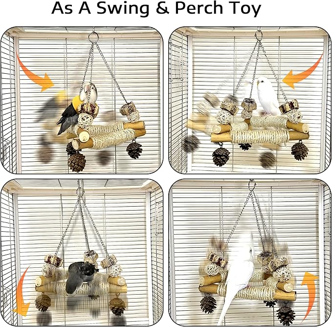 Bird Swing for Cage with Chew Toys, 3 Sisal-Wrapped Parrot Perches & Stable Triangle Design, Wooden Hanging Parakeet Toys Swing for Cockatiel Lovebirds Conures Quaker Balance Training (S)
