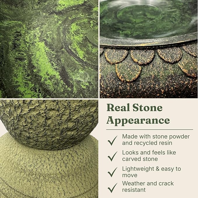 Tall Bird Bath for Outside 23 Inch Roman Green - Stone-Resin Composite Pedestal Birdbath Bowl - Decorative Standing Outdoor Garden Decor for Front Porch Patio Yard Backyard Lawn Ornament