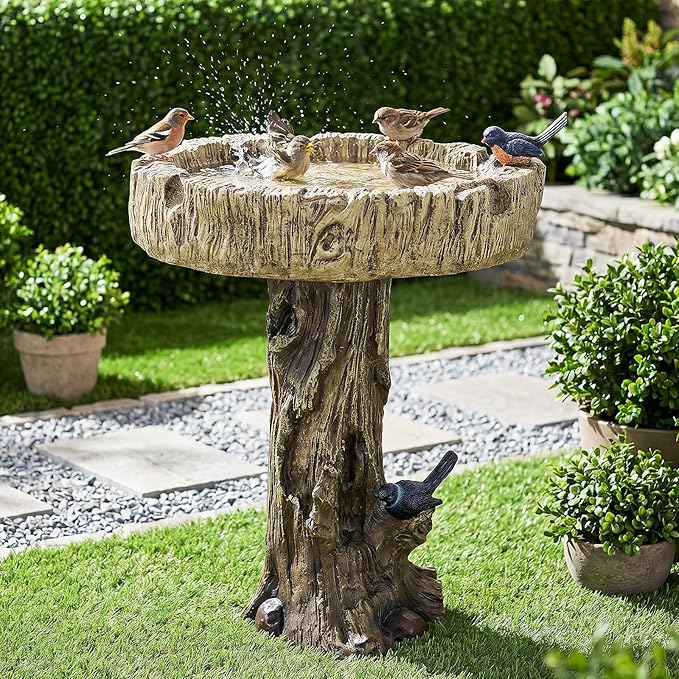 SKYFIRE Bird Baths for Outdoor - 24.4" Tall Pedestal Birdbath with Bird, Fibre Reinforced Concrete with Woodland Tree Trunk Décor Modern and Durable,Bird Bath for Outside, Garden, Patio,Lawn,Backyard