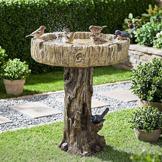 SKYFIRE Bird Baths for Outdoor - 24.4" Tall Pedestal Birdbath with Bird, Fibre Reinforced Concrete with Woodland Tree Trunk Décor Modern and Durable,Bird Bath for Outside, Garden, Patio,Lawn,Backyard