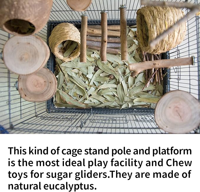 NEOUZA Sugar Glider Cage Stand Pole and Platform Made of Natural Eucalyptus,Molar Paw Grinding Standing Climbing Toy