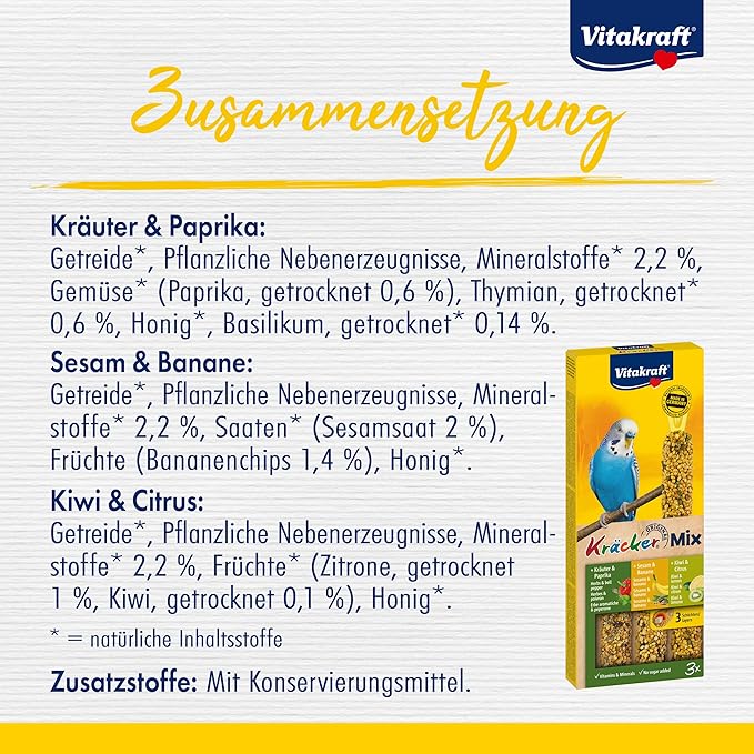 Vitakraft - 21237 - Kräcker Sésame & Banane / Herbe & Poivron / Kiwi & Citron Perruches P/3