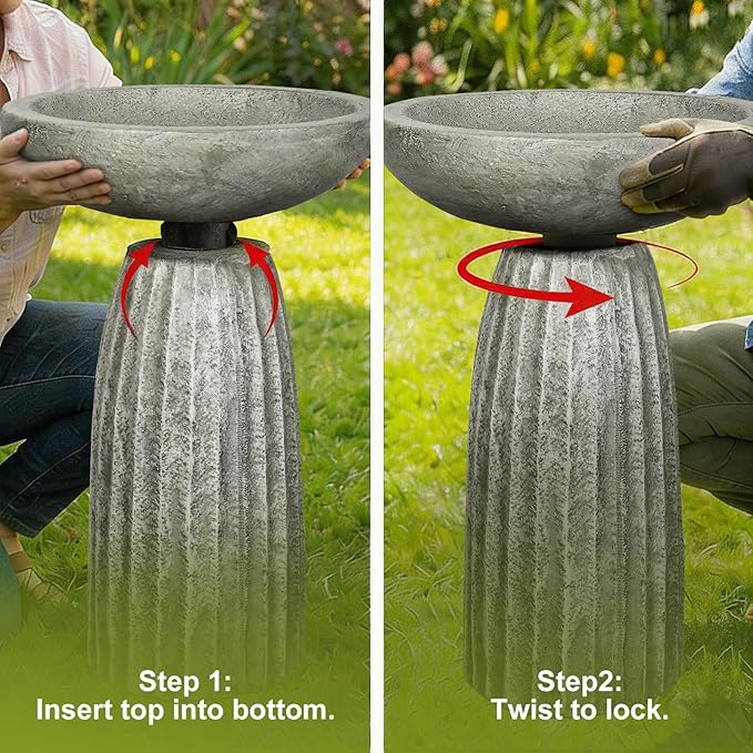 SKYFIRE 24.4" Pedestal Bird Bath for Outdoor, Geometric Fluted Concrete Birdbath with Tree Trunk Decor, Durable Fibre Reinforced Birdbath for Garden, Patio, Lawn & Backyard