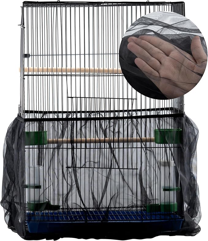 IFAMIO Bird Cage Seed Feather Catcher Adjustable Birdcage Covers Cage Skirt Large Nylon Mesh Netting Universal Bird Cage Net Cover Bird Seed Guard Skirt for Parrot Parakeet Macaw Black