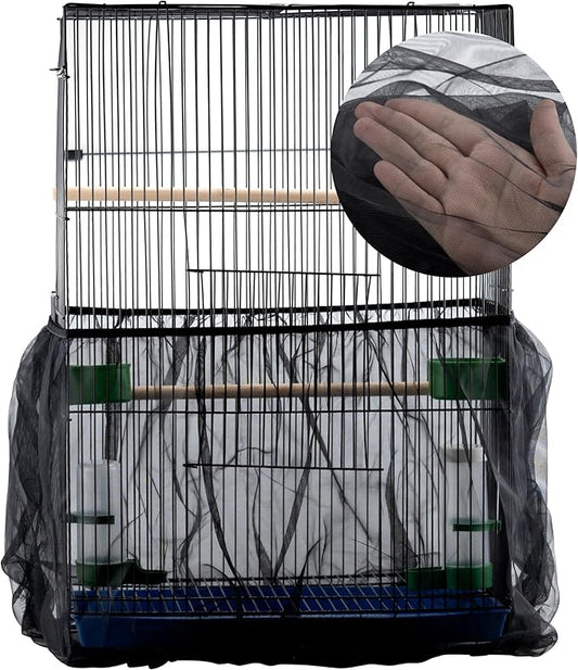 IFAMIO Bird Cage Seed Feather Catcher Adjustable Birdcage Covers Cage Skirt Large Nylon Mesh Netting Universal Bird Cage Net Cover Bird Seed Guard Skirt for Parrot Parakeet Macaw Black