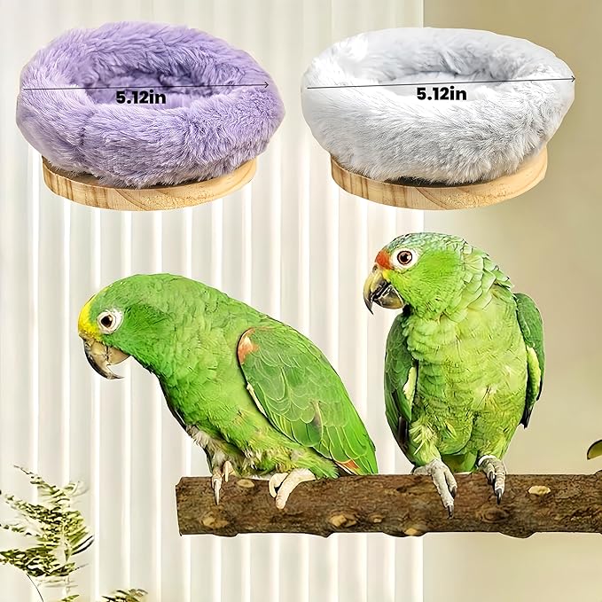 2Pcs Bird Perch Stand Platform Plush Parrot Hanging Hammock Warm Bird Nest Snuggle Hut Birds Sleeping Bed Wood Perch for Parrot, Budgies, Parakeet, Cockatiels, Conure, Lovebirds-Purple&Grey