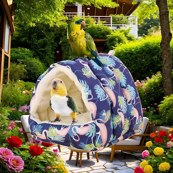 Bird Nest Plush Snuggle Hanging Hammock Bird Cave Parrot Sleeping Bed Shed Hut Hanging Tent for Hamster Parrot Macaw Budgies Parakeet Cockatiels Lovebird-Flamingo (Dark Blue)