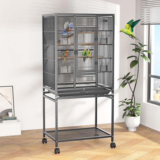 54" Large Bird Cage with Wheels, Durable Wrought Iron Parakeet Cage with Slide Out Tray, Black Bird Cages with Feeding Cups, Wooden Platform, Swing & Perches, for Lovebird, Cockatiels, Budgies