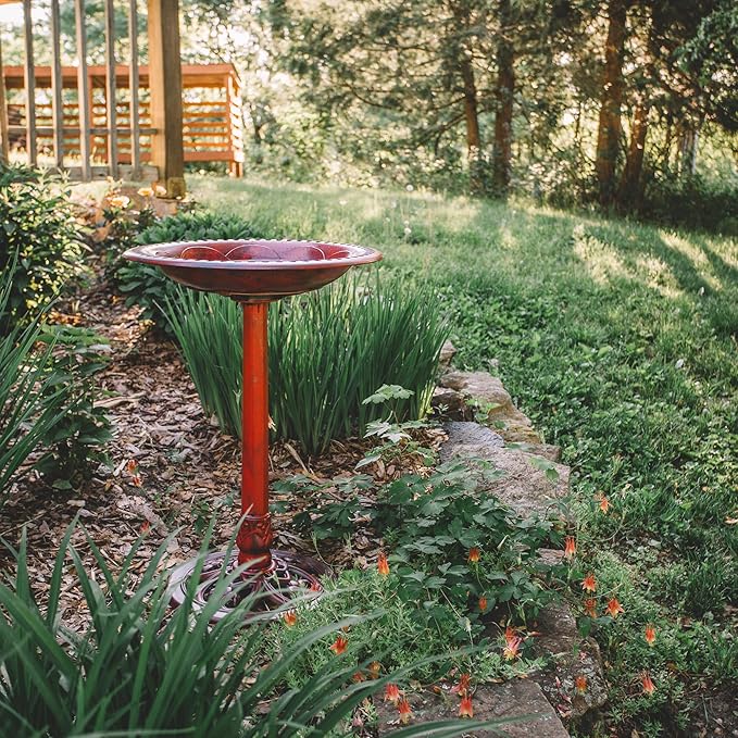 Backyard Expressions Outdoor Garden Bird Bath - Red - Weather Resistant Polyresin - 27 Inch