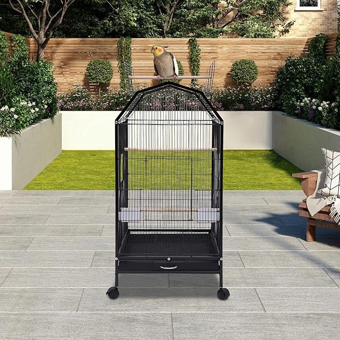 Extra Large Bird Cage 54Inch Wrought Iron Bird Cage with Rolling Stand Metal Parrot Cage with Open Play Top Perch Stand for Conures Lovebirds Cockatiels Finches (Black 3)