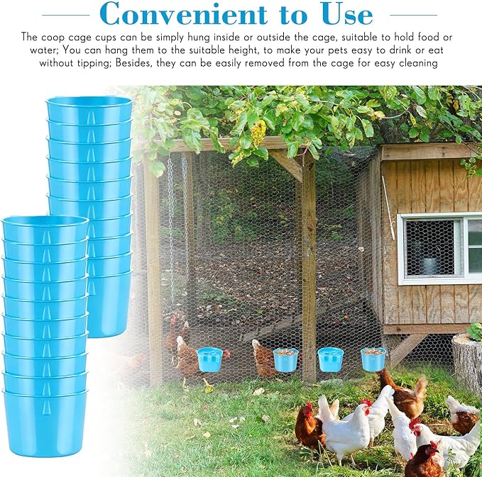 Sumind 60 Pcs Cage Cups Chicken Feeder Birds Hanging Feeders Seed Bowl 8 oz Plastic Water Bowl Hanging Chicken Gamefowl Waterer Feeding Watering Dish Coop Cups for Parrot Parakeet Poultry (Light Blue)
