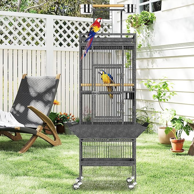 61 Inch Large Bird Cage, Metal Bird Cages with Playtop, Rolling Stands, Feed Bowls for Parakeets, Conures, Parrot Cage for Medium Large Parrot Cage with Slide-Out Tray Seed Guard, Black
