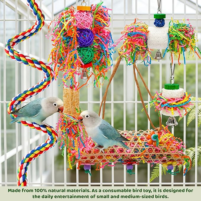 6PCS Bird Parrot Foraging Toys with Rope Perch Parakeet Chewing Hanging Toy Shredder Paper Cage Accessories for Small Parrots Parakeets Conures Cockatiels Love Birds Cage Toy