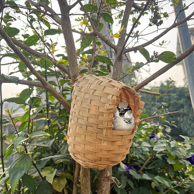 Finch Nest for Cages, Large Natural Bird Houses, Bamboo Hand Made Nests Hideout Cage with Metal Hook, Small Hut Toy House Shelter, Eco-Friendly Hanging Hand-Woven Box for Outdoor Accessories (1Pc)