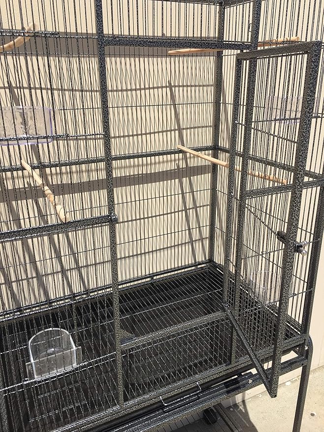 Extra Large Wrought Iron Double Cage Center Slide Out Divider 3-Levels Bird Parrot Flight Cage Cockatiel Conure Cage Easy Clean Pull Out Tray with Removable Stand on Wheels 61" Lx18 Dx56 H